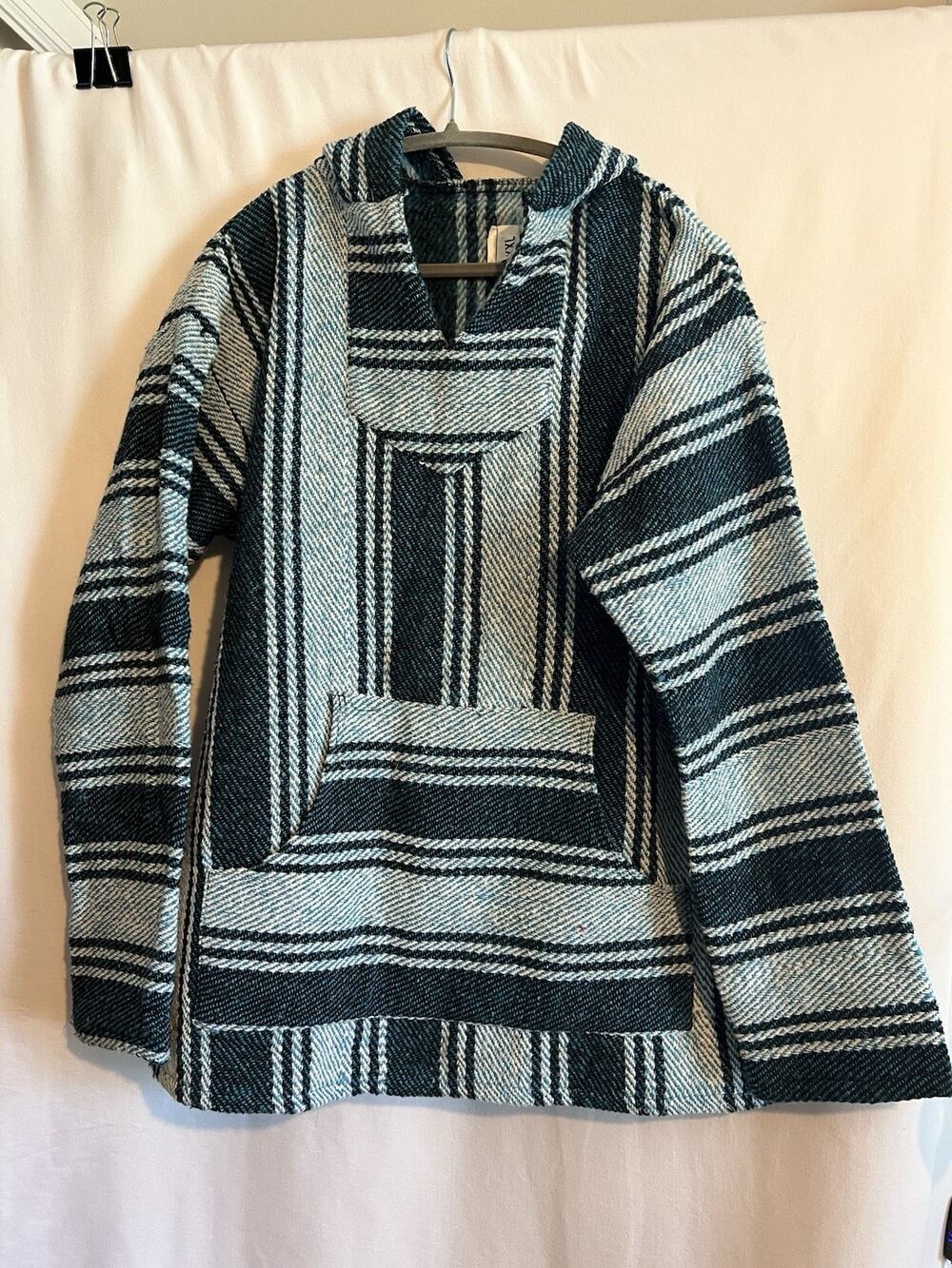 Woman’s Striped Blue, Black, White Mixed Color Boho Poncho With Hood Size XXL